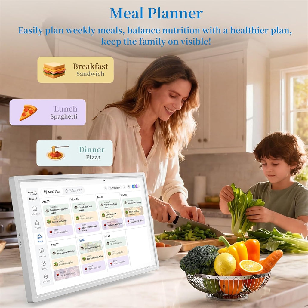 15.6 Inch Digital Calendar, Smart Touchscreen Electronic Wall Calendar & Chore Chart, No Subscription Family Planner with Google/Outlook/iCloud Sync, Meal Planner, Photo Display, Wall & Desk Mountable