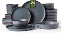Famiware Mercury Dinnerware Sets with Pasta Bowls, Service for 6 (24 Pieces), Stoneware Plates and Bowls Sets, Microwave and Dishwasher Safe Dishes Set, Charcoal
