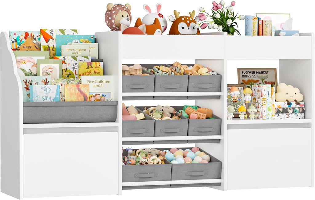BOTLOG 62.2 inches Toy Storage Organizer and Kids Bookshelf, Toy Organizer with 2 Movable Drawers and 9 Box Bins, 4 Tier Toddler Bookshelf for Book Storage and Display