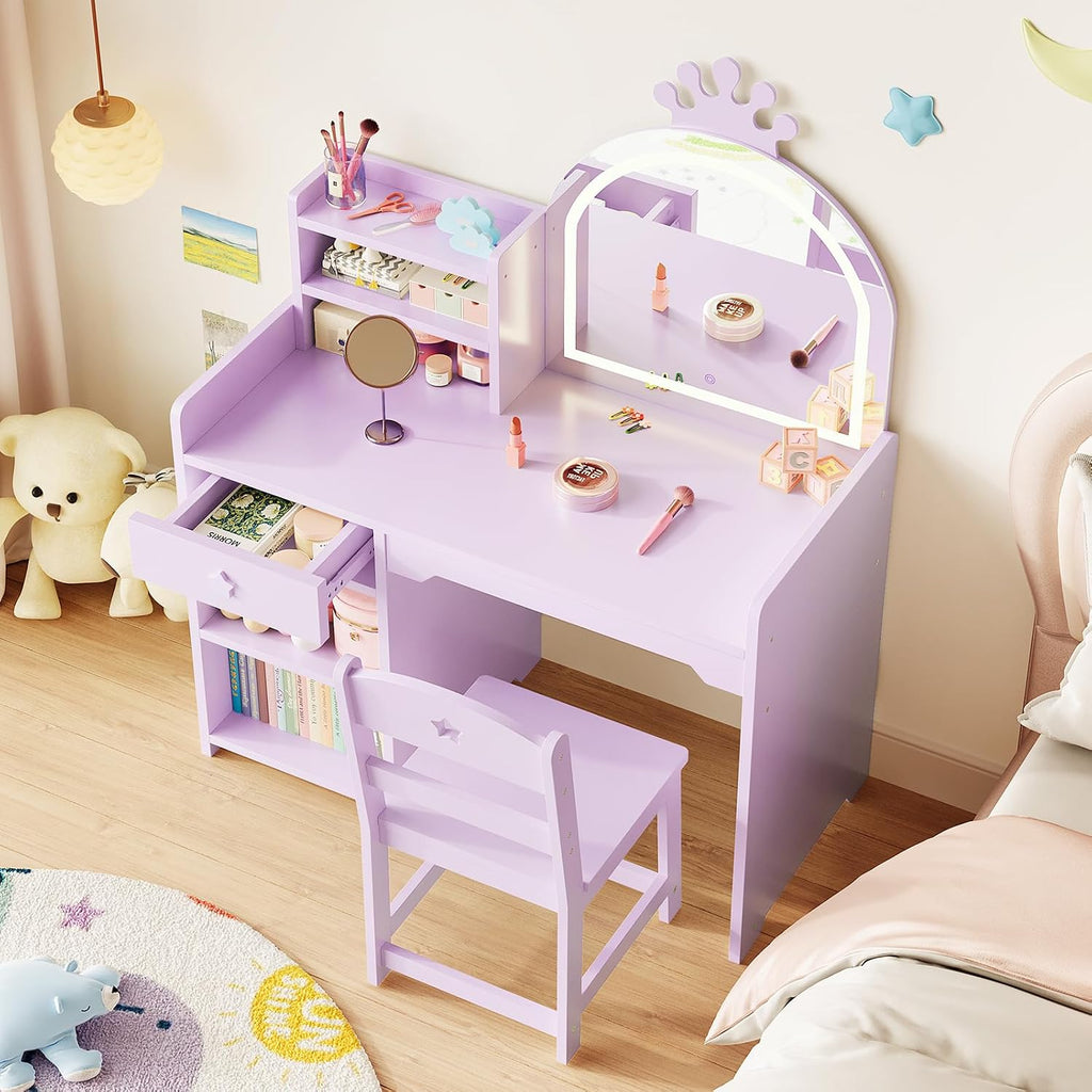 Garvee Kids Vanity with Lights, 2 in 1 Princess Makeup Vanity Desk Toddler Vanity Table & Chair Set with Open Bookshelf, Storage Cabinet & Shelves for Little Girls, Purple