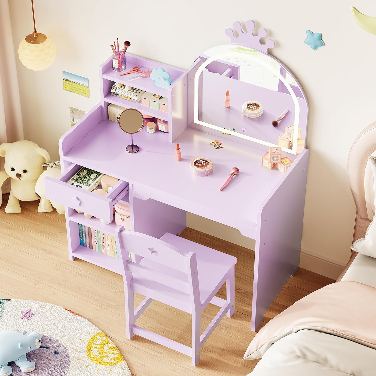 Garvee Kids Vanity with Lights, 2 in 1 Princess Makeup Vanity Desk Toddler Vanity Table & Chair Set with Open Bookshelf, Storage Cabinet & Shelves for Little Girls, Purple