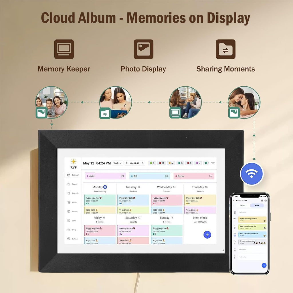 GOWENIC WiFi Smart Digital Calendar, 10.1 Inch Touchscreen, 32GB of Digital Photo Storage, Interactive Chore Chart, Meal Planner, Smart Home Planner (US Plug)