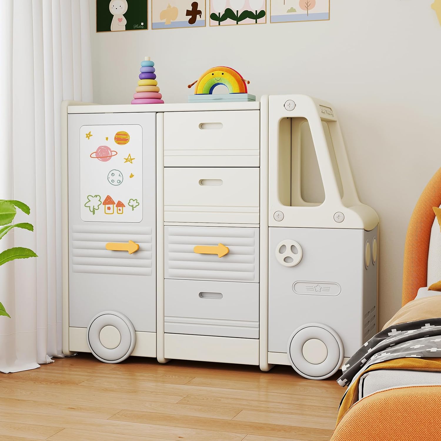 HONEY JOY Kids Toy Storage Organizer, Bus-Shaped Children Cabinet w/ 4 Pull-Out Drawers with Handles, Large & Small Cabinets, Spacious Countertop, Storage Organizer for Playroom, Classroom, Daycare