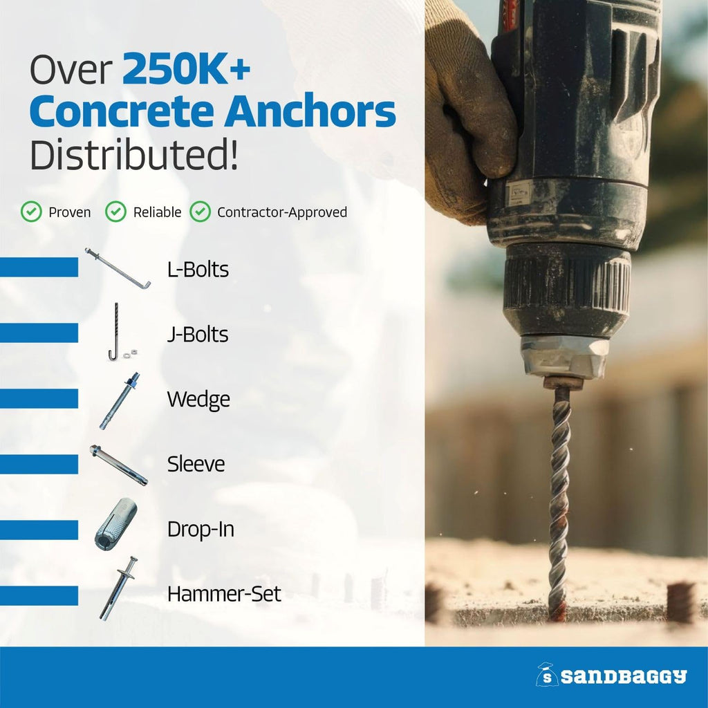 Sandbaggy 1/2' X 12' Threaded Concrete Anchor L-Bolts (Nuts & Washers Included) - Hot Dipped Galvanized - Sill Plate, Base Plate, Masonry, Wood, Cement Anchors, J Bolt (100, 1/2' x 12')