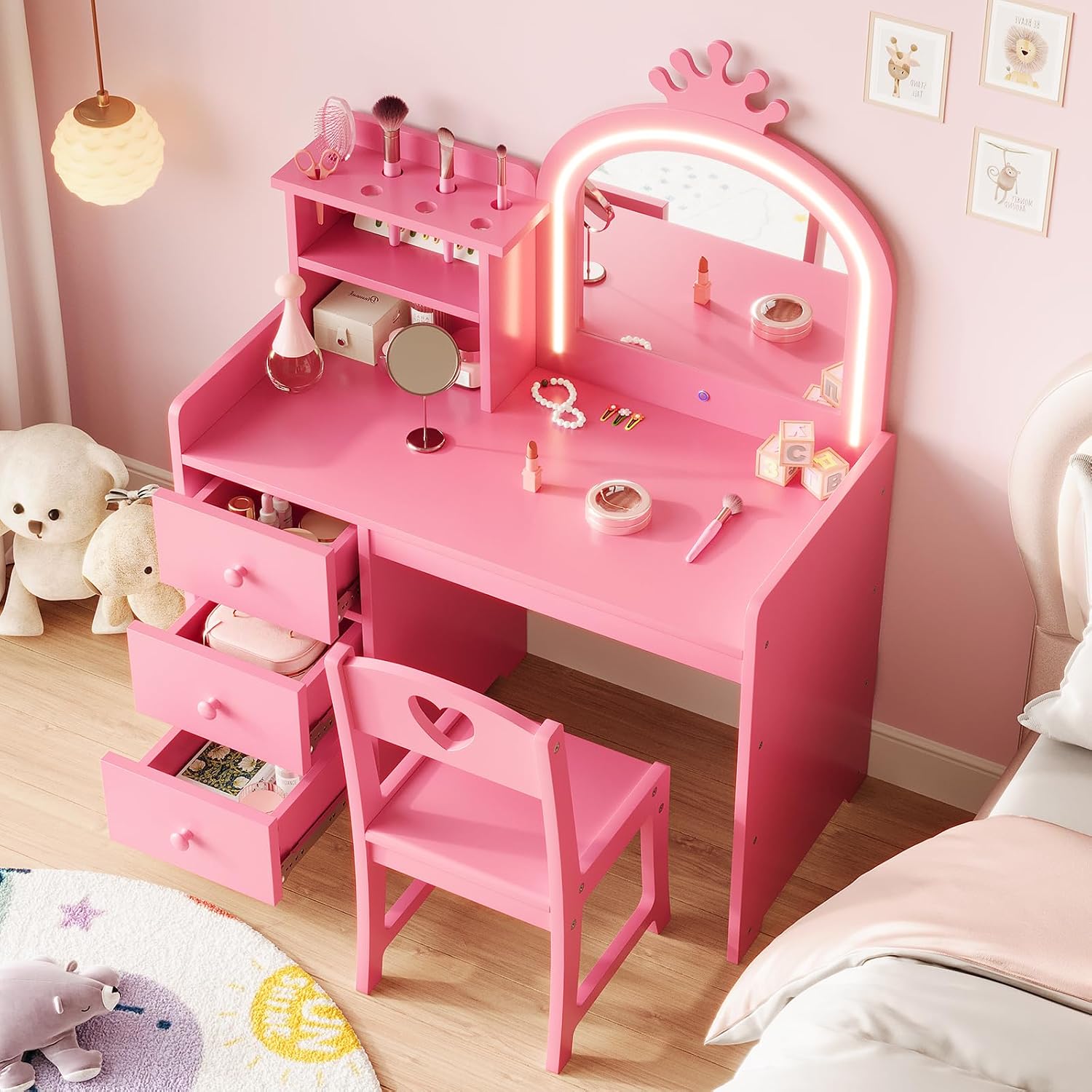 Garvee Kids Vanity with Lights, 2 in-1 Wooden Toddler Vanity Table with Stool & Drawer,Princess Pretend Play Makeup Vanity Princess Makeup Desk Dressing Table for Little Girls,Christmas Birthday Gift