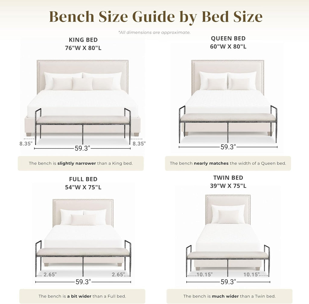 24/7 Shop at Home Lalia Hammered Metal 3-Piece Bedroom Collection, Upholstered Bed Frame with Beige Fabric Headboard, Forged Steel, Bench and 1-Shelf Nightstand, Foundation Required, Full, Matte Gold