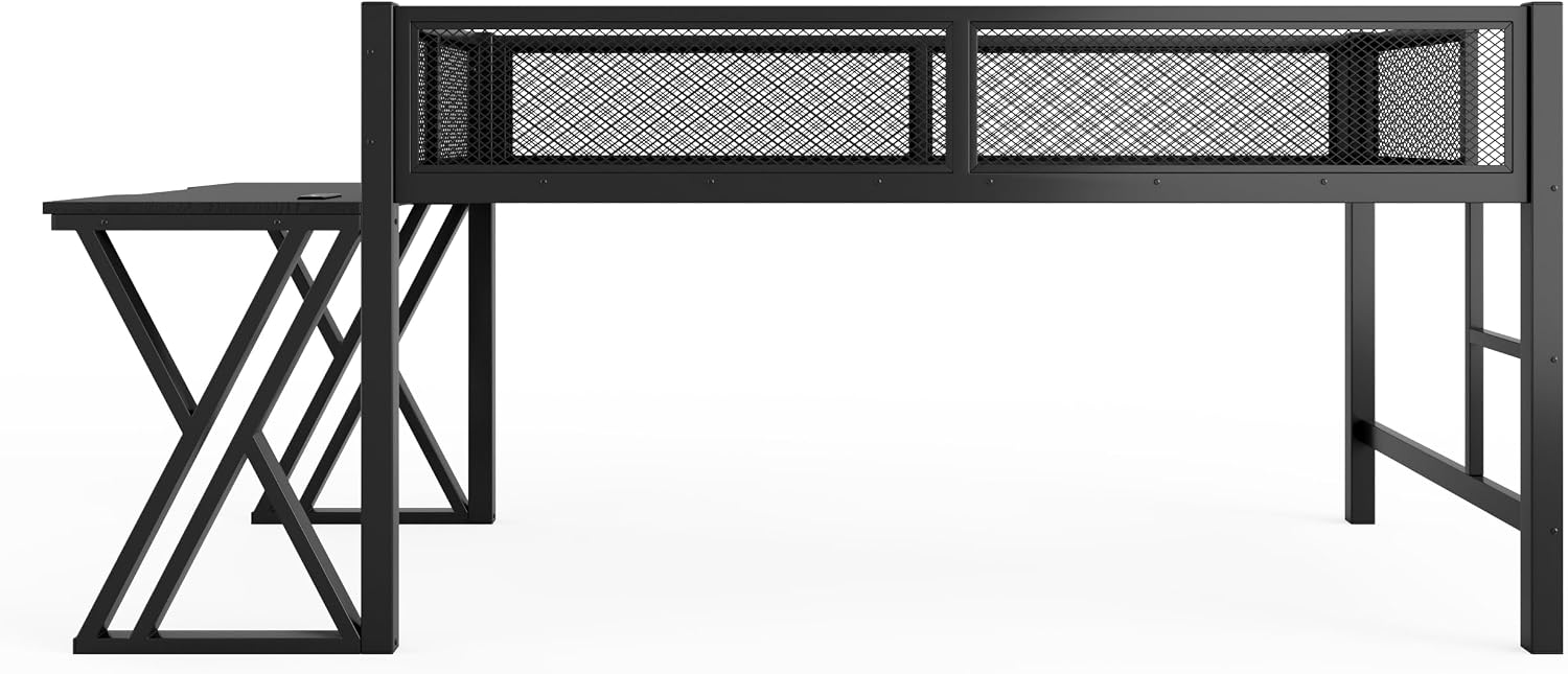 Twin XL Size Gaming Loft Bed with Desk of X-Shaped Leg, LED Lights & USB Ports, Space-Saving Low Metal Loft Bed Frame with Ladder & Mesh Guardrail for Dorm, Bedroom & Gaming Setups (Black-03, Twin XL)
