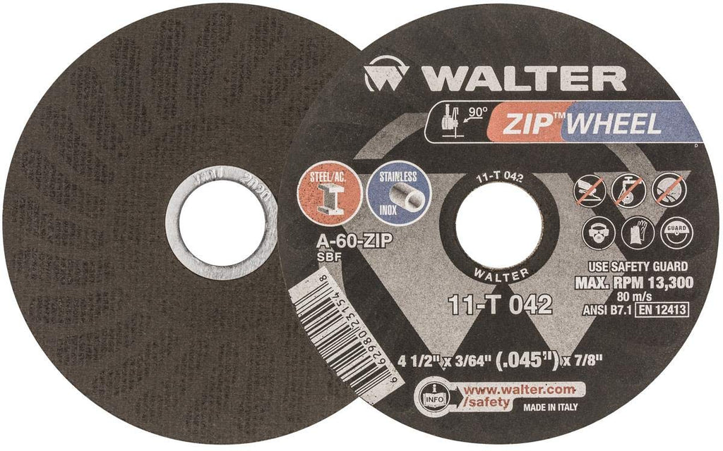 Walter Zip Wheel™ Cut-Off Wheel, 4.5' X 3/64' X 7/8'' T1, Pack of 25 (11T042)