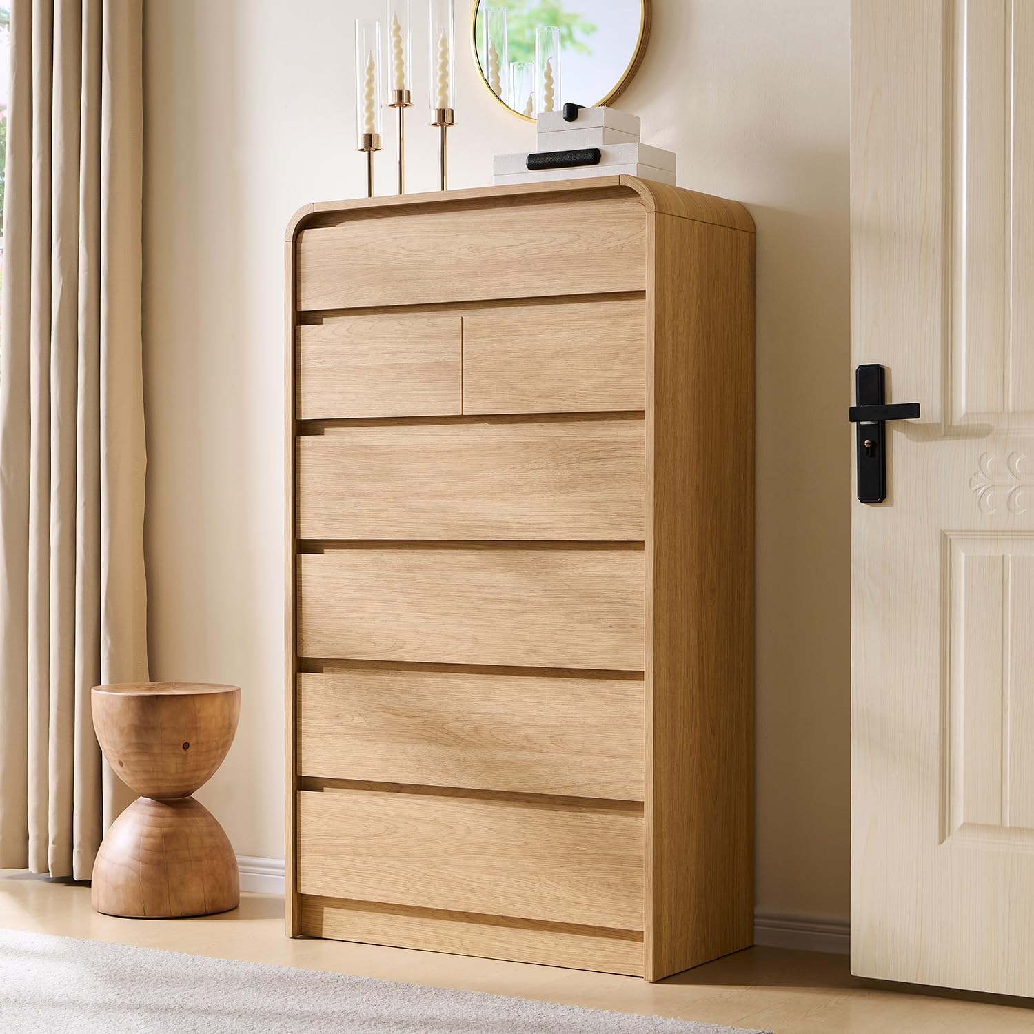 Aitjunz Modern 7 Drawers Dresser for Bedroom, 55' Tall Dressers & Chest of Drawers w/Curved Profile Design, Wood Mid Century Vertical Storage Dressers Organizer for Bedroom, Living Room, Natural Oak