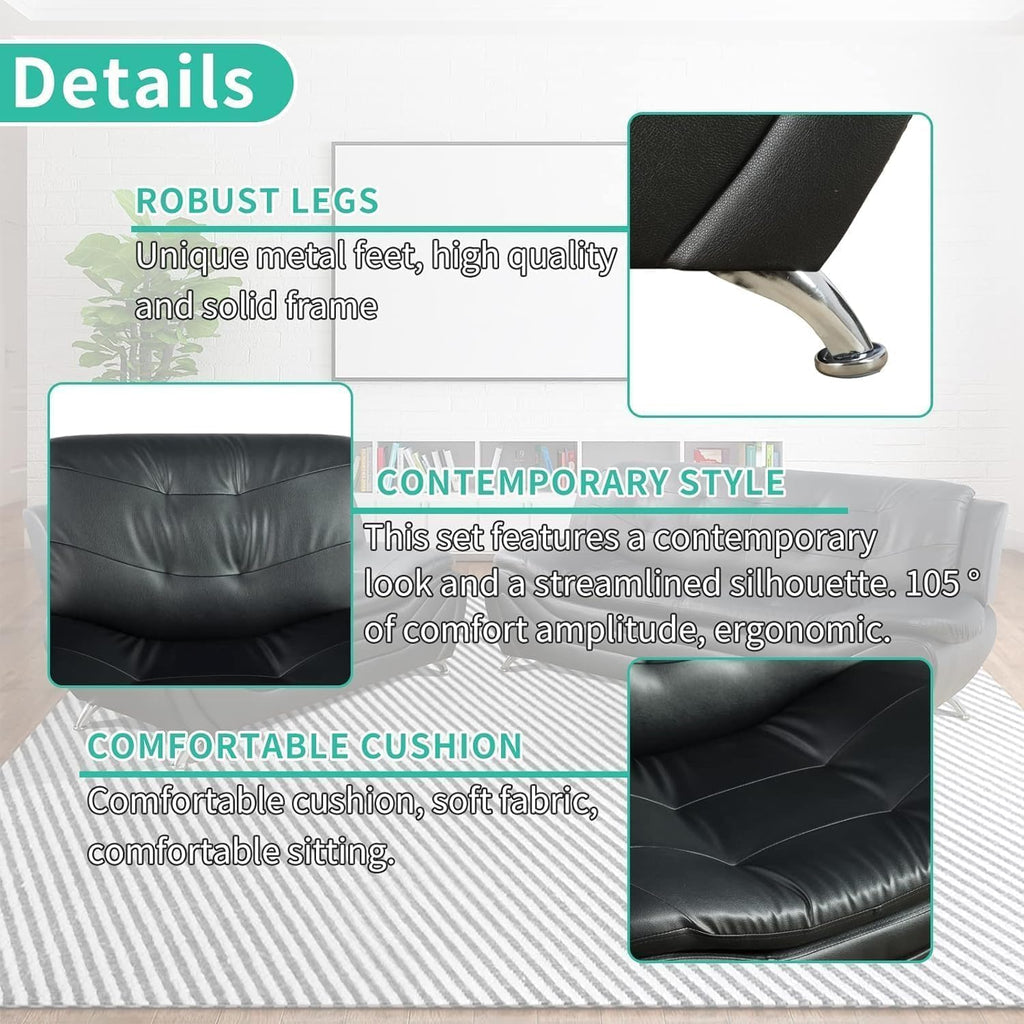 Contemporary Living Room Furniture Set, Vegan Leather Sofa Set for Living Room/House/Bedroom/Office/Apartment (Black, Sofa&Loveseat)