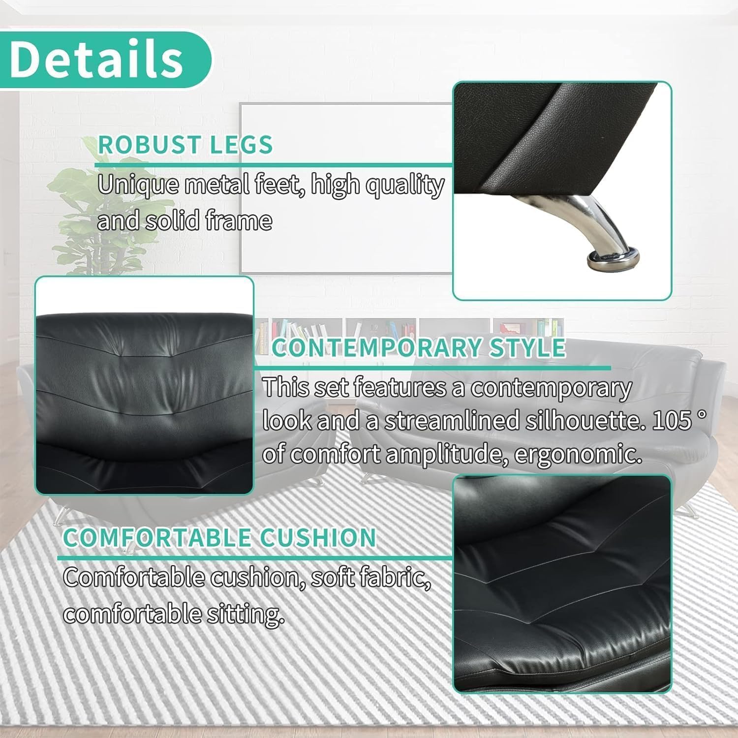 Contemporary Living Room Furniture Set, Vegan Leather Sofa Set for Living Room/House/Bedroom/Office/Apartment (Black, Sofa&Loveseat)