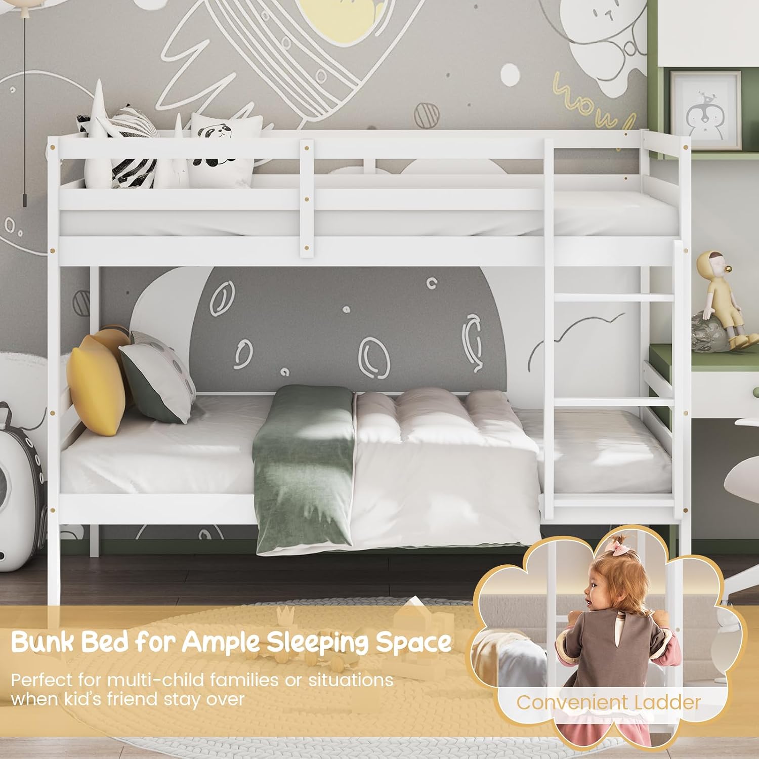 Giantex Bunk Bed Twin Over Twin White, Solid Wood Bunk Bed with Sturdy Ladder & 12 Inch Safety Guard Rails, Twin Size Wood Bed Frame for Dormitory, No Box Spring Needed, Bunk Beds for Kids Teens