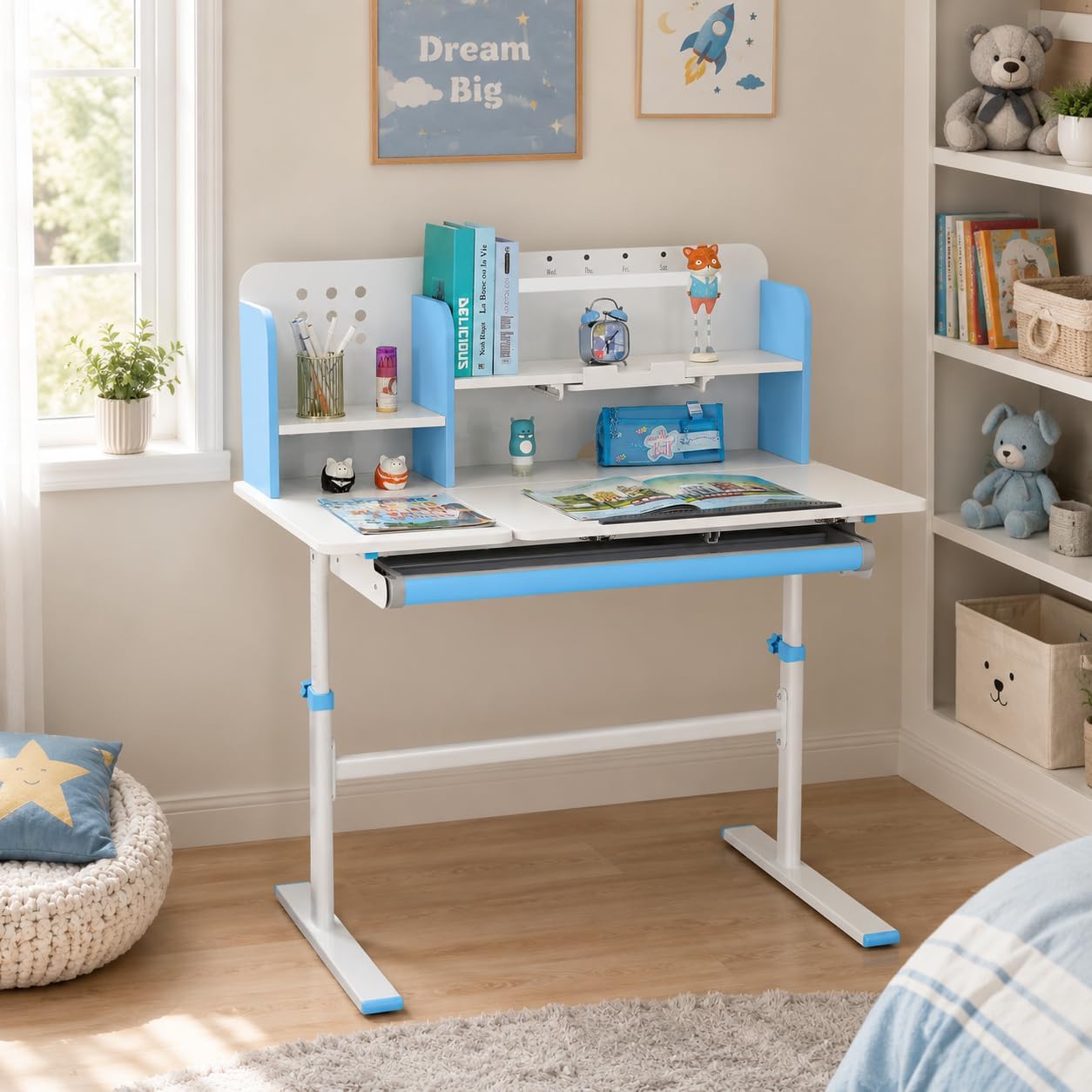 COSVALVE 39in Wide Adjustable Height Kids Desk with Tilting Desktop, Steel Frame, Drawer, and Bookshelf Hutch, Study Child Table for Ages 3-12, Blue