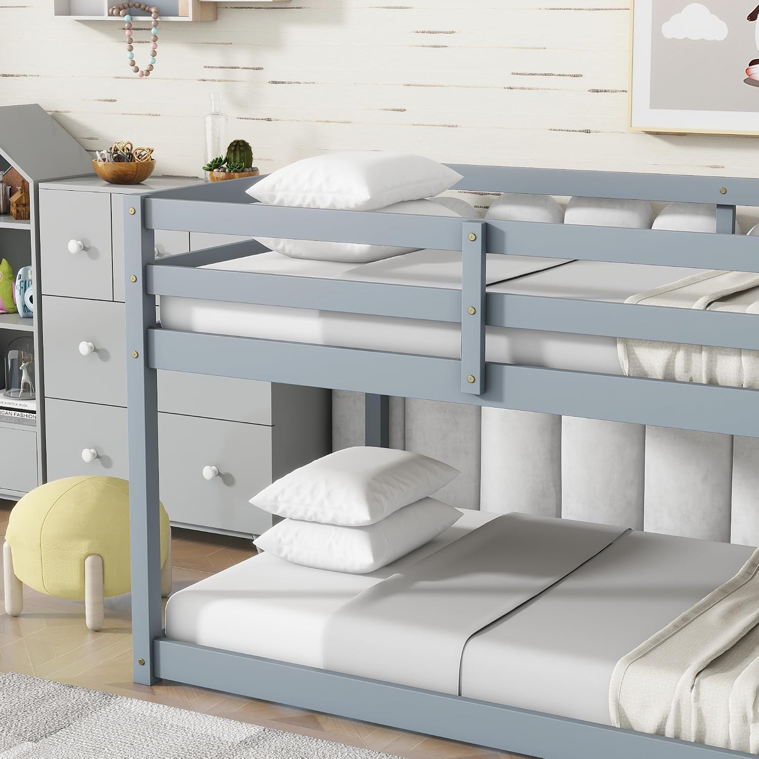 Ball & Cast Solid Rubber Wooden Twin Over Twin Bunk Bed with Ladder and Full Length Guardrail,Low Bunkbed w/Slat Support,Bedroom Furniture for Girls Boys,Grey