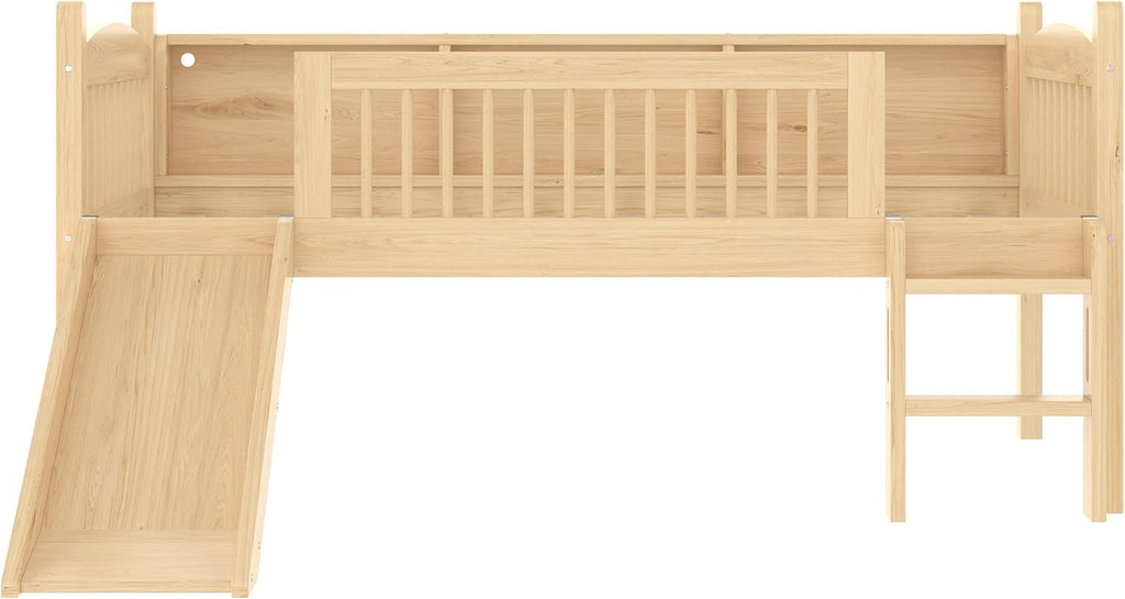 JIVOIT Twin Loft Bed with Storage Shelves, Solid Wood Lower Loft Bed with Full-Length Guardrails, Wood Slats Support, Space-Saving Design, No Box Spring Needed (Natural,Twin,51)