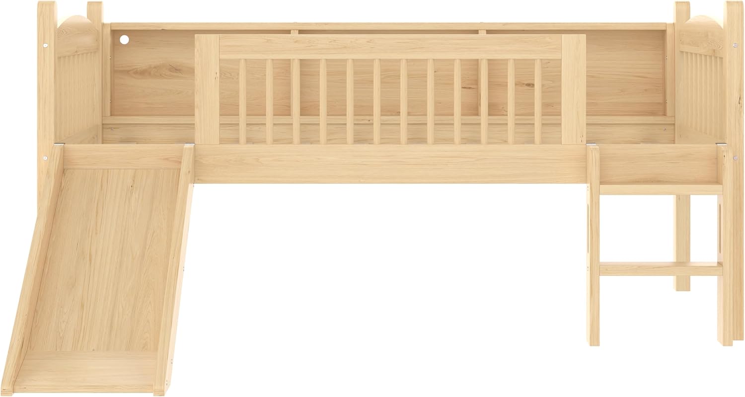 JIVOIT Twin Loft Bed with Storage Shelves, Solid Wood Lower Loft Bed with Full-Length Guardrails, Wood Slats Support, Space-Saving Design, No Box Spring Needed (Natural,Twin,51)
