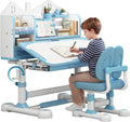 Kids Desk and Chair Set, Height Adjustable Study Desk for Kids Ages 3–12, Easy-Turn Crank Ergonomic Desk with 50° Tiltable Desktop, Storage Drawer & Bookshelf (015-Blue)