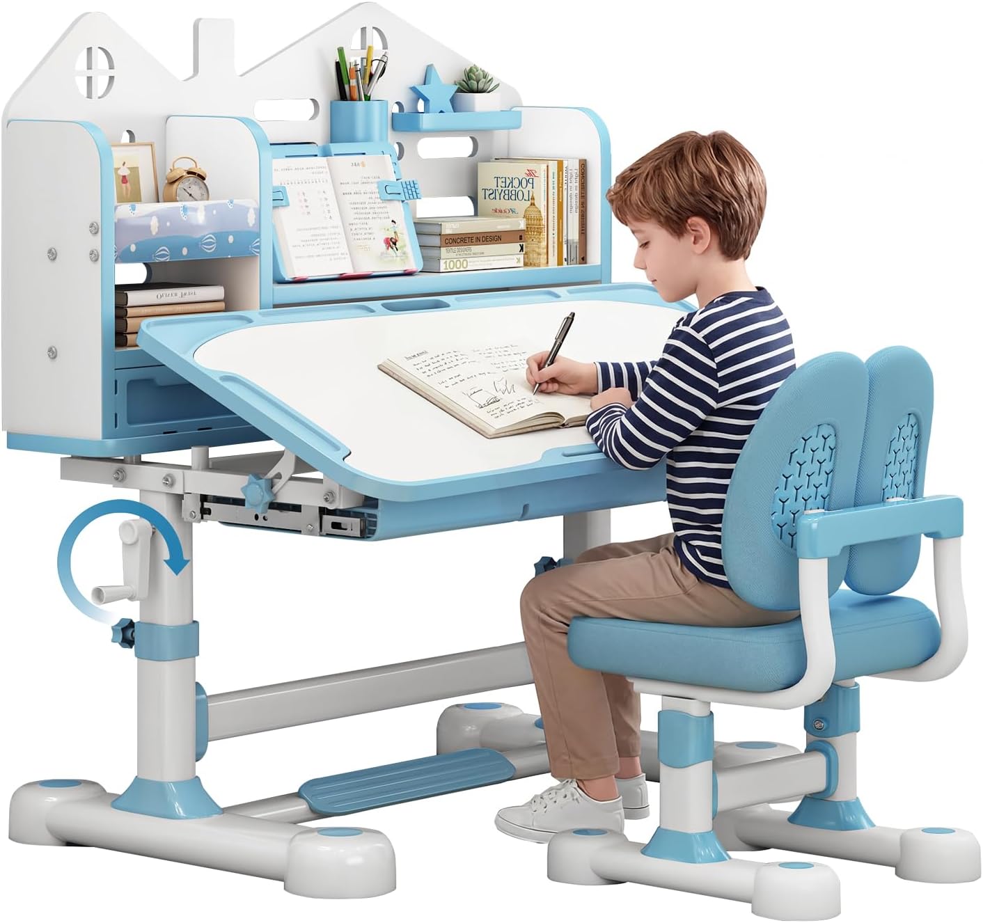 Kids Desk and Chair Set, Height Adjustable Study Desk for Kids Ages 3–12, Easy-Turn Crank Ergonomic Desk with 50° Tiltable Desktop, Storage Drawer & Bookshelf (015-Blue)