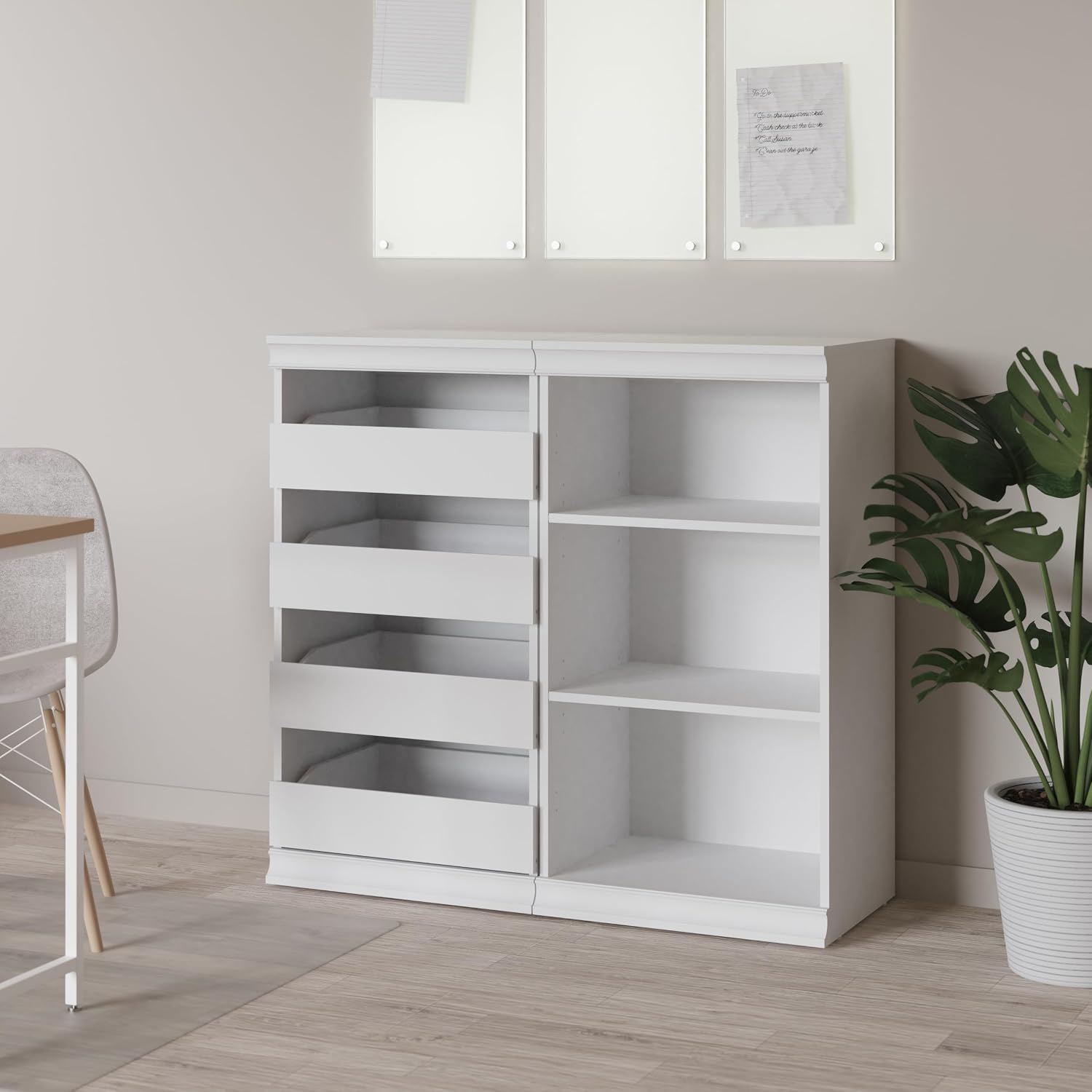 ClosetMaid Modular Storage Unit with 4 Drawers, Wood Closet Organizer, Stacking, Full Backer, Storage, Decorative Trim, White
