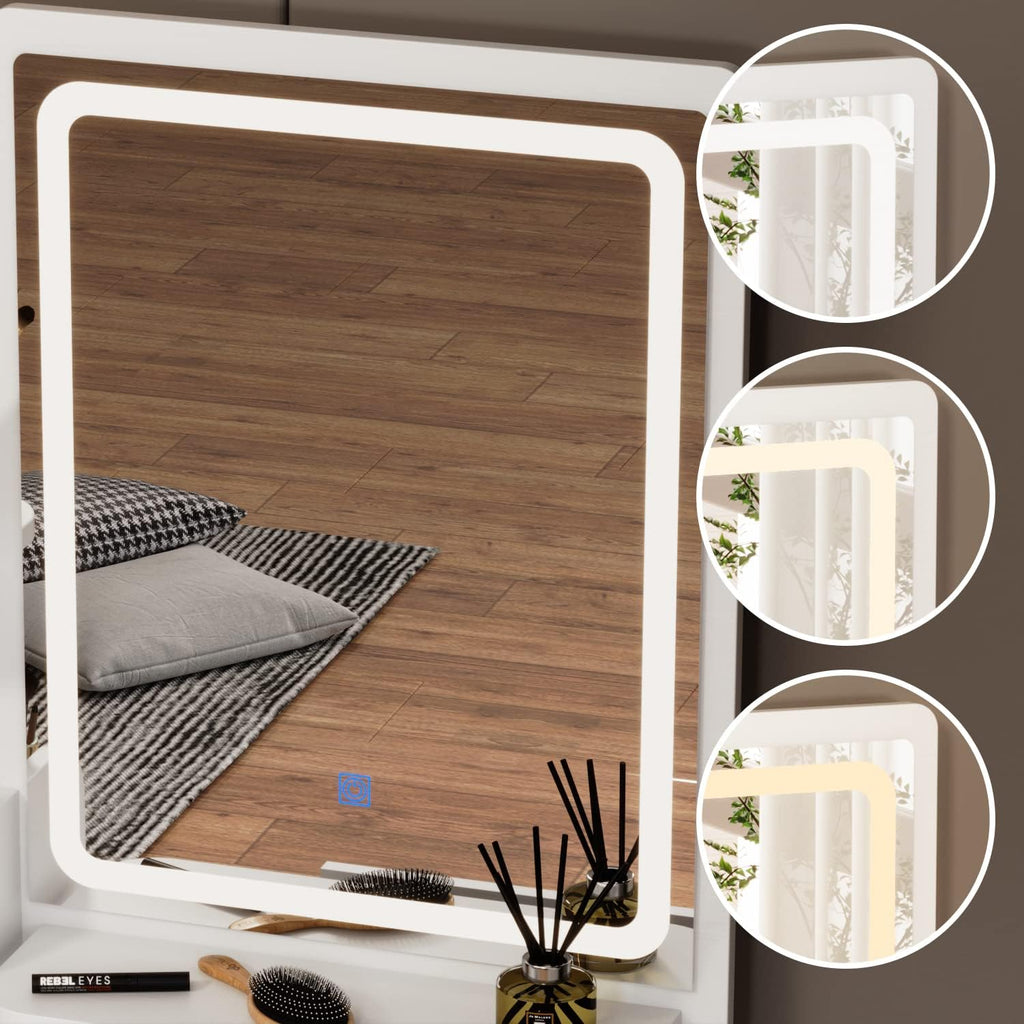 FUFU&GAGA Vanity Desk Set with Lighted Mirror, Makeup Vanity Dressing Table with Shelves & Cushioned Stool, White, 31.5' W x 15.7' D x 55.1' H