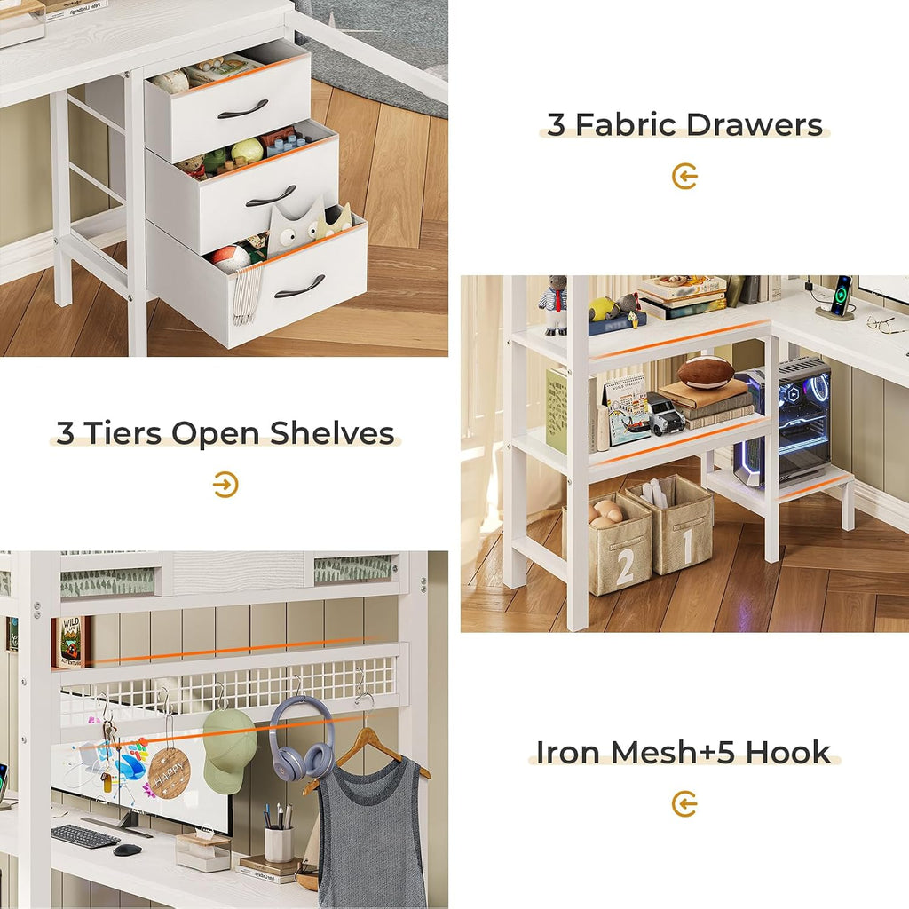 ADORNEVE Loft Bed Twin Size with L-Shaped Desk, LED Lights,Charging Station, Twin Metal Loft Bed Frame with Fabric Drawers & Shelve, 13.4' H Safety Guardrail, No Box Spring Needed, White