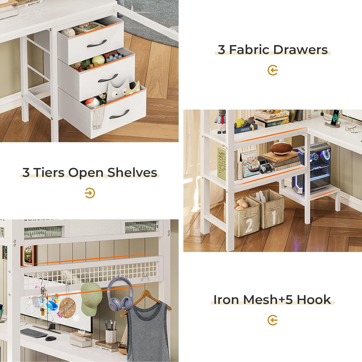 ADORNEVE Loft Bed Twin Size with L-Shaped Desk, LED Lights,Charging Station, Twin Metal Loft Bed Frame with Fabric Drawers & Shelve, 13.4' H Safety Guardrail, No Box Spring Needed, White