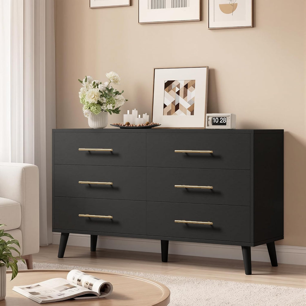 Ahomly 6 Drawer Dresser for Bedroom, Modern Dresser with Anti-Tip Kit, Ample Storage & Silent Gliding Slides, Wooden Chest of Drawers for Living Room, Entryway, Nursery, Black