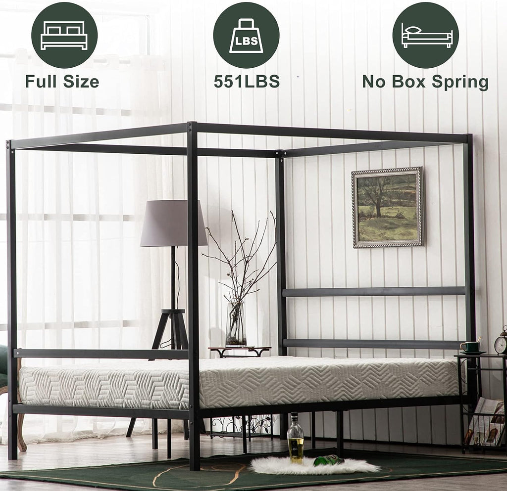 Bonnlo Black Canopy Bed Frame Full with Headboard, 10 Inch Metal Platform Bed Full with 4 Posters, No Box Spring Needed