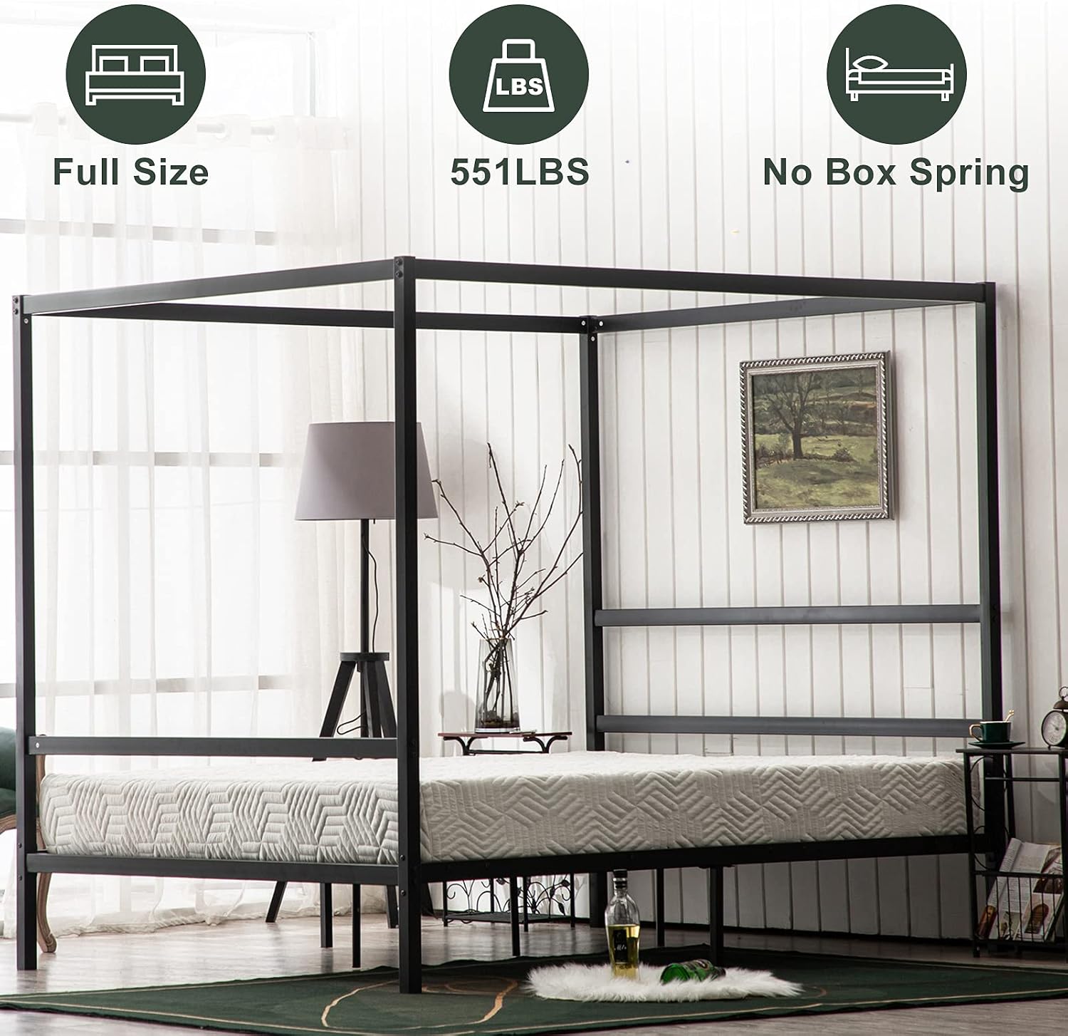 Bonnlo Black Canopy Bed Frame Full with Headboard, 10 Inch Metal Platform Bed Full with 4 Posters, No Box Spring Needed