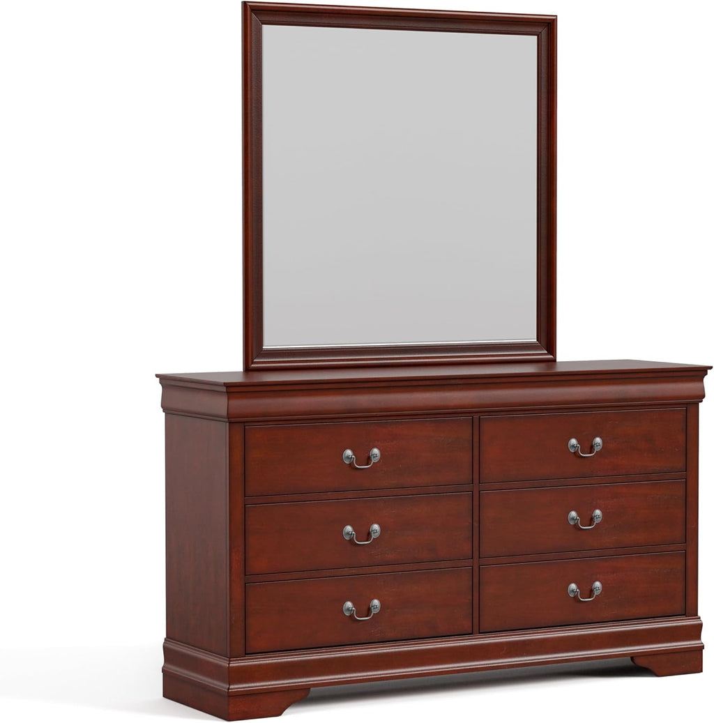 Furniture of America Arabella Traditional Wooden 6 Drawer Dresser with Mirror, Vintage Bedroom Set, Accent Vanity Dressing Table with Antique Nickle Handles for Dressing Room, Walk-in Closet, Cherry