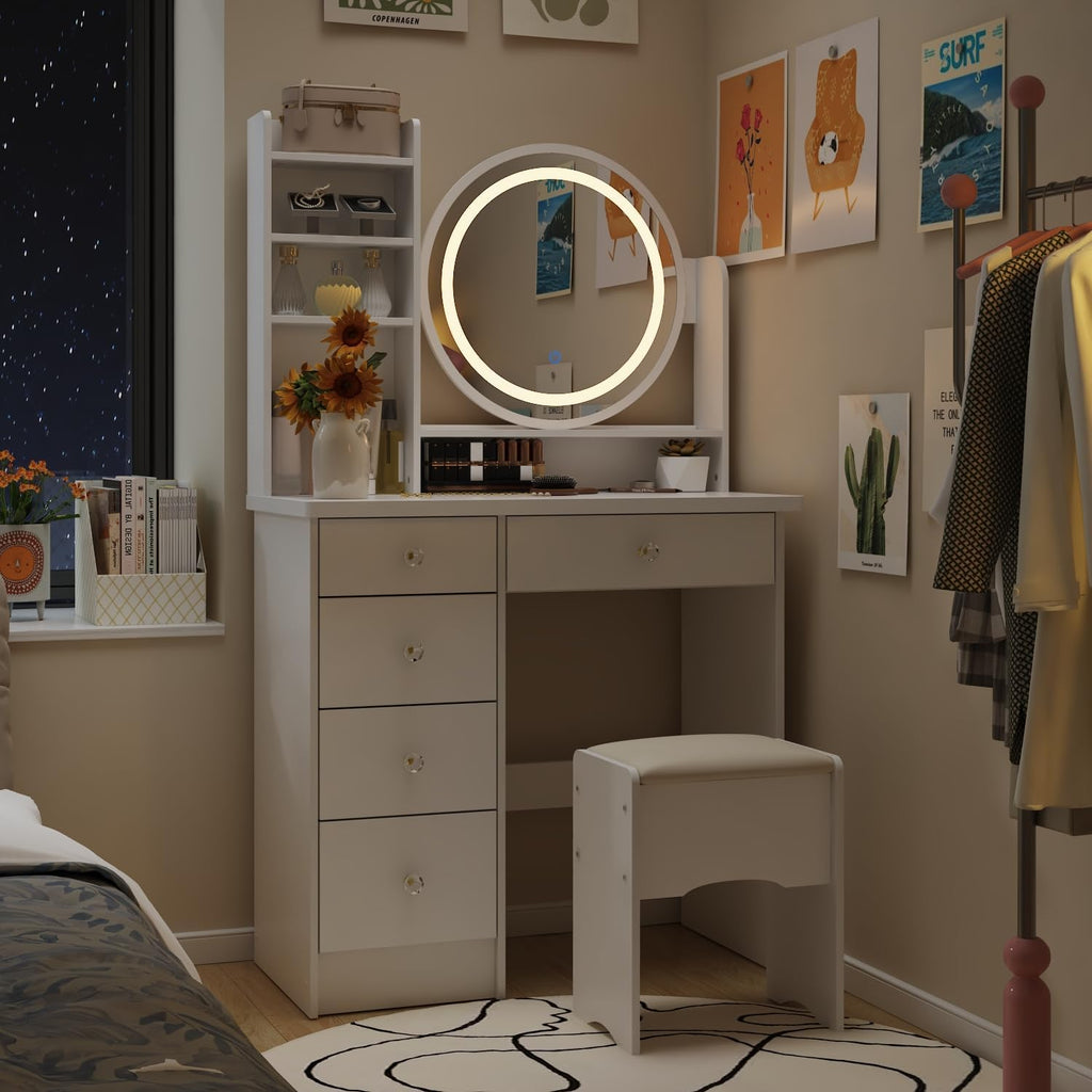 Vanity Desk Set with Lighted Mirror, Makeup Vanity with 5 Drawer & Shelf, Dressing Table with Touch Screen Light & Jewelry Organizer for Bedroom, White (Lighted Mirror)