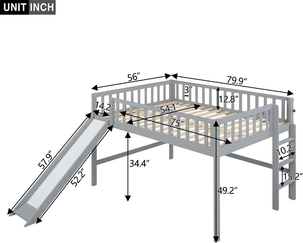 JIVOIT Full Size Wood Loft Bed with Slide, Low Loft Bed with Built-in Ladder and Safety Rails, Space Saving Kids Loft Bed with Underneath Spacious Space, for Kids Boys Girls (Gray,Full 1)
