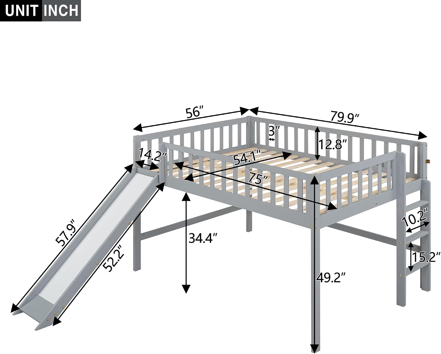 JIVOIT Full Size Wood Loft Bed with Slide, Low Loft Bed with Built-in Ladder and Safety Rails, Space Saving Kids Loft Bed with Underneath Spacious Space, for Kids Boys Girls (Gray,Full 1)