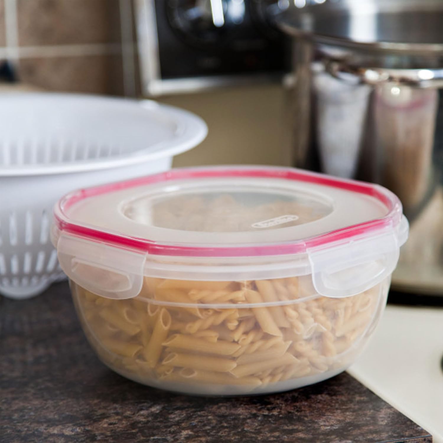 Sterilite Ultra-Seal 4.7 Qt Bowl, Large Airtight Food Storage Container, Latching Lid, Microwave and Dishwasher Safe, Clear with Red Gasket, 12-Pack
