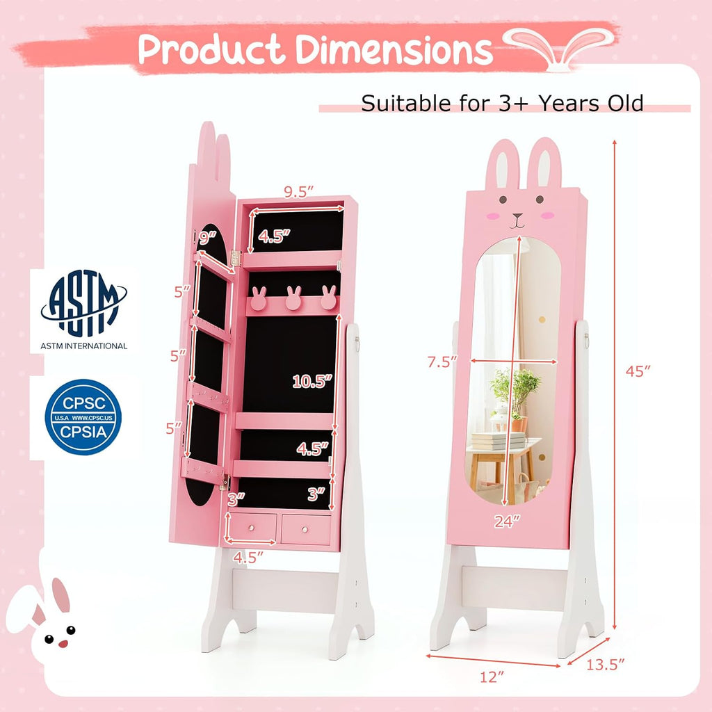 Costzon Kids Vanity Set & Jewelry Armoire Cabinet, Wooden Kids Vanity Table and Chair Set, Standing Jewelry Organizer with Full-Length Mirror, Kids Bedroom Furniture Set for Girls (Pink)