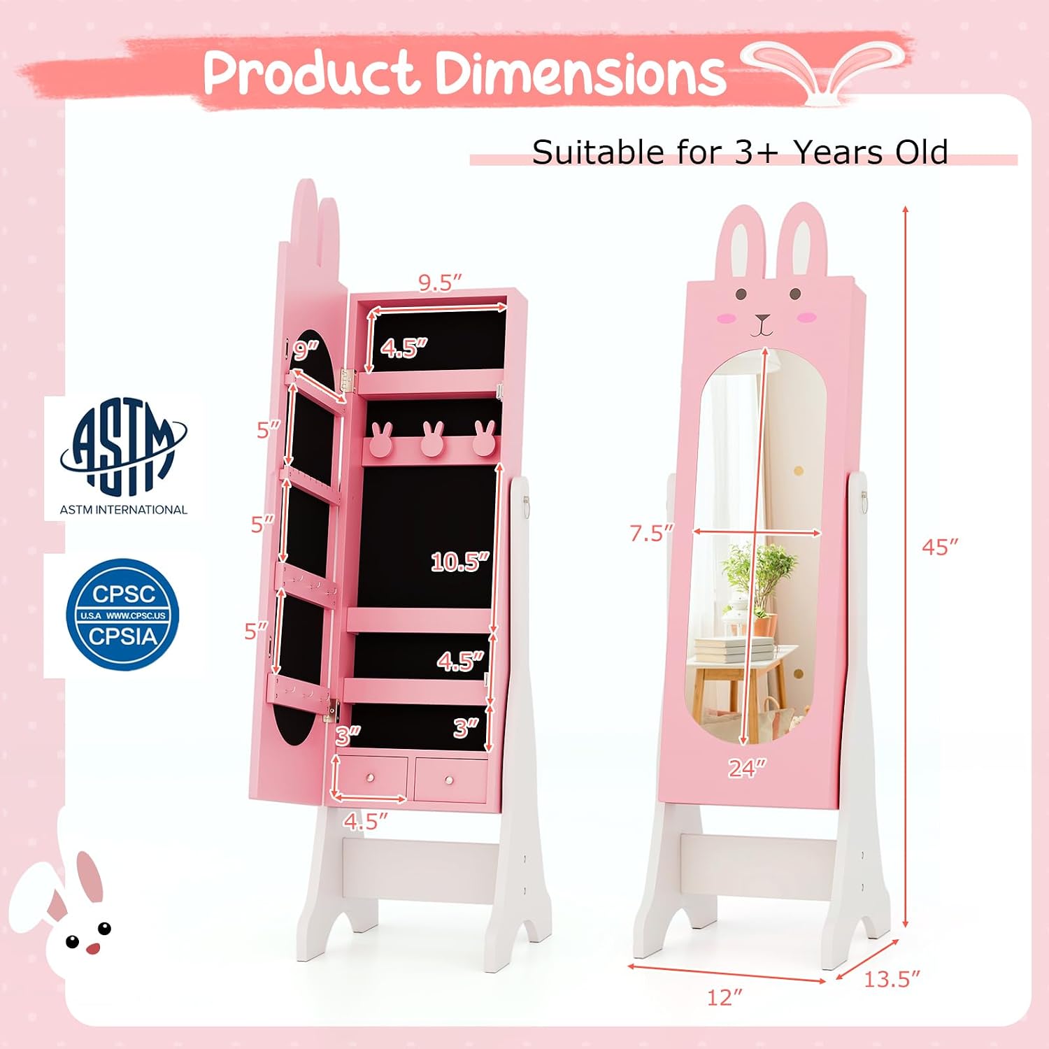 Costzon Kids Vanity Set & Jewelry Armoire Cabinet, Wooden Kids Vanity Table and Chair Set, Standing Jewelry Organizer with Full-Length Mirror, Kids Bedroom Furniture Set for Girls (Pink)