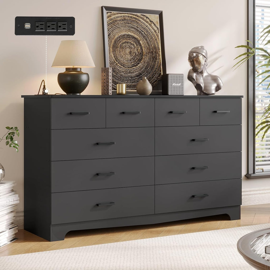 DICTAC Black Dresser for Bedroom with 10 Drawers, Large Chest of Drawers Storage Organizer, Long Dresser TV Stand with Power Outlets, Wide Dressers for Bedroom, Living Room 55.1' W x 32.3' H x 15.8' D