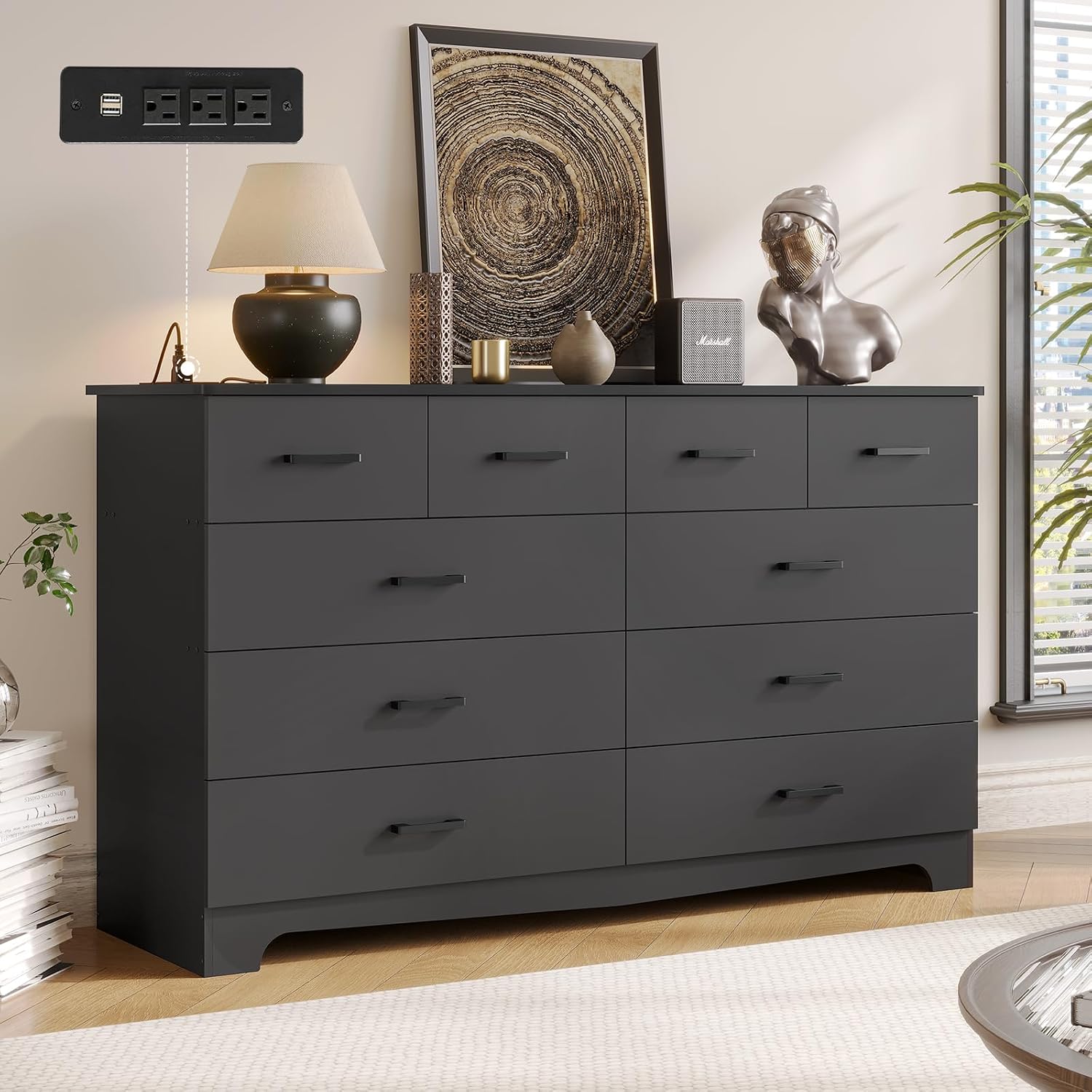 DICTAC Black Dresser for Bedroom with 10 Drawers, Large Chest of Drawers Storage Organizer, Long Dresser TV Stand with Power Outlets, Wide Dressers for Bedroom, Living Room 55.1' W x 32.3' H x 15.8' D