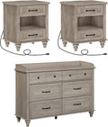 WAMPAT 3 Piece Bedroom Set - Includes 6 Drawer Dresser, Set of 2 Farmhouse Nightstands with Charging Station & Drawers & Cubby, 3 Piece Dresser and Nightstand Sets, Grey