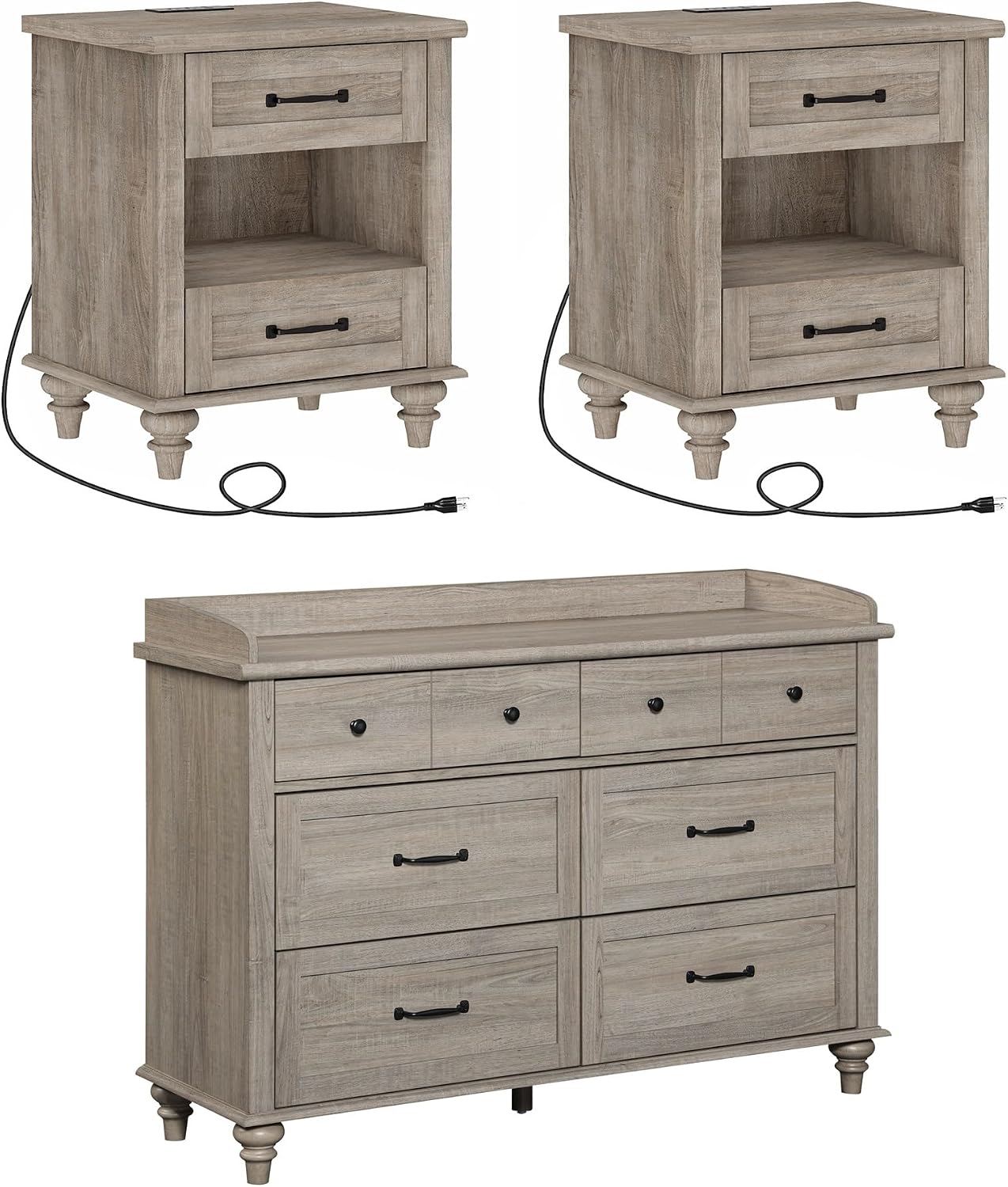 WAMPAT 3 Piece Bedroom Set - Includes 6 Drawer Dresser, Set of 2 Farmhouse Nightstands with Charging Station & Drawers & Cubby, 3 Piece Dresser and Nightstand Sets, Grey