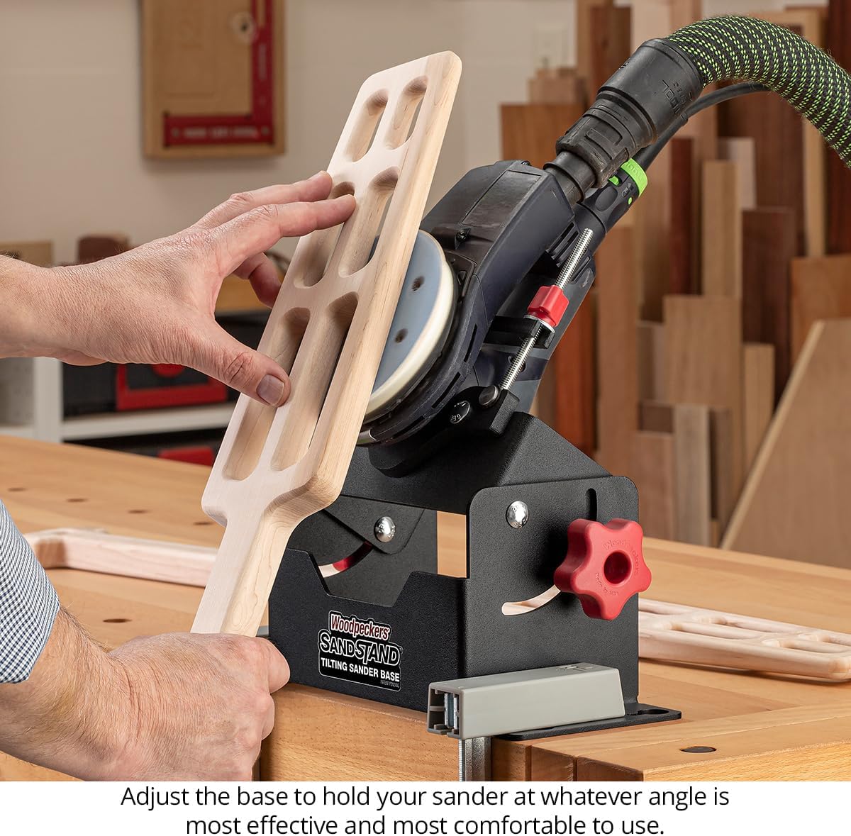 Woodpeckers SandStand Tilting Sander Base, Turns Palm Sanders & Orbital Sanders into Stationary Woodworking Sander, Fits Most 5' & 6' Roundish Sanders