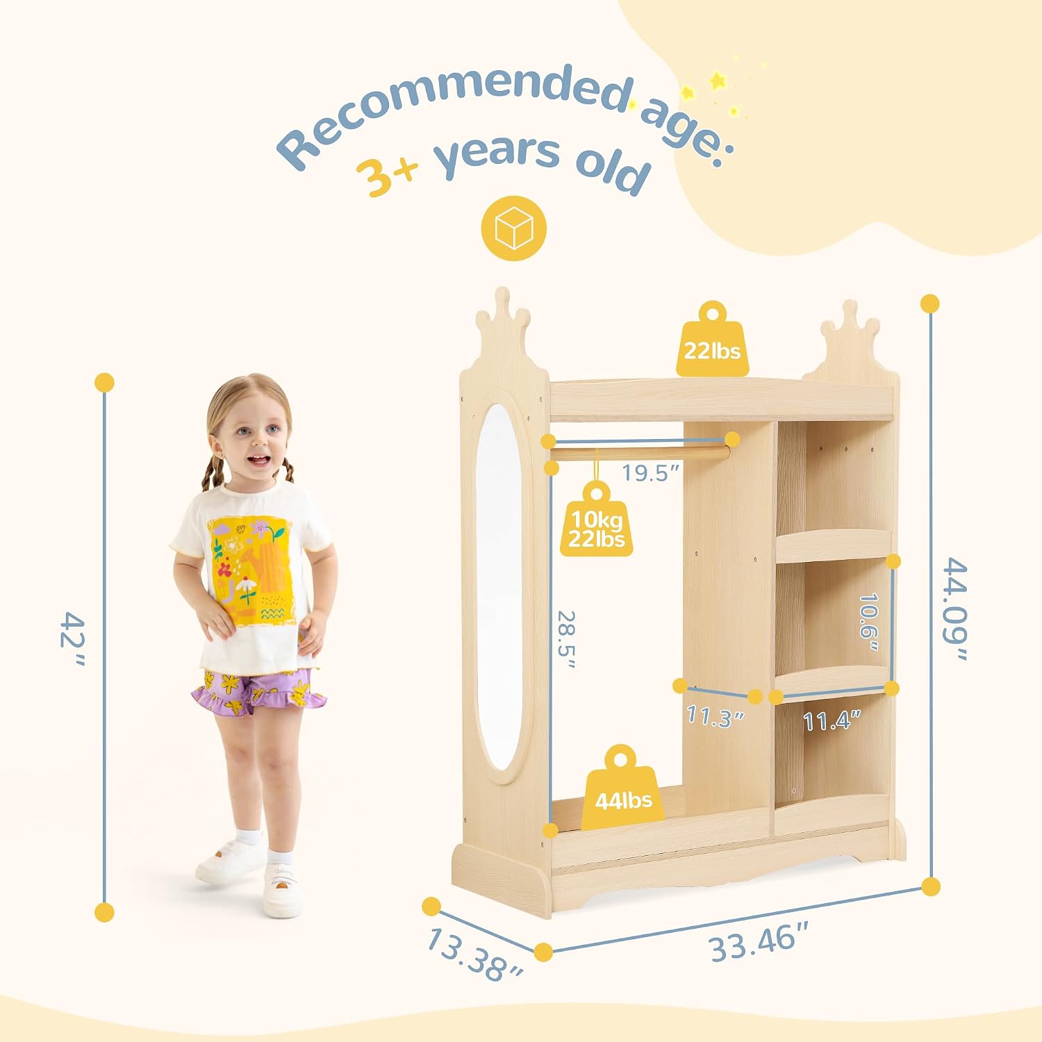 Curipeer Kids Dress up Storage with Mirror, Kids Wardrobe with Storage & 3 Hooks, Kids Closet for Girls Boys, Kids Costume Organizer, Open Hanging Armoire Wardrobe Closet for Bedroom, Natural