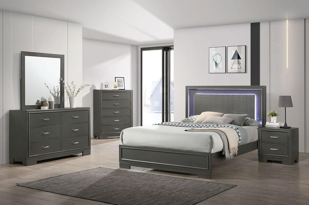 MASARA Contemporary 3-Piece Bedroom Set with Textured Headboard Panel, Platform Bed paired with Two Nightstands, Metallic Gray, (Full)