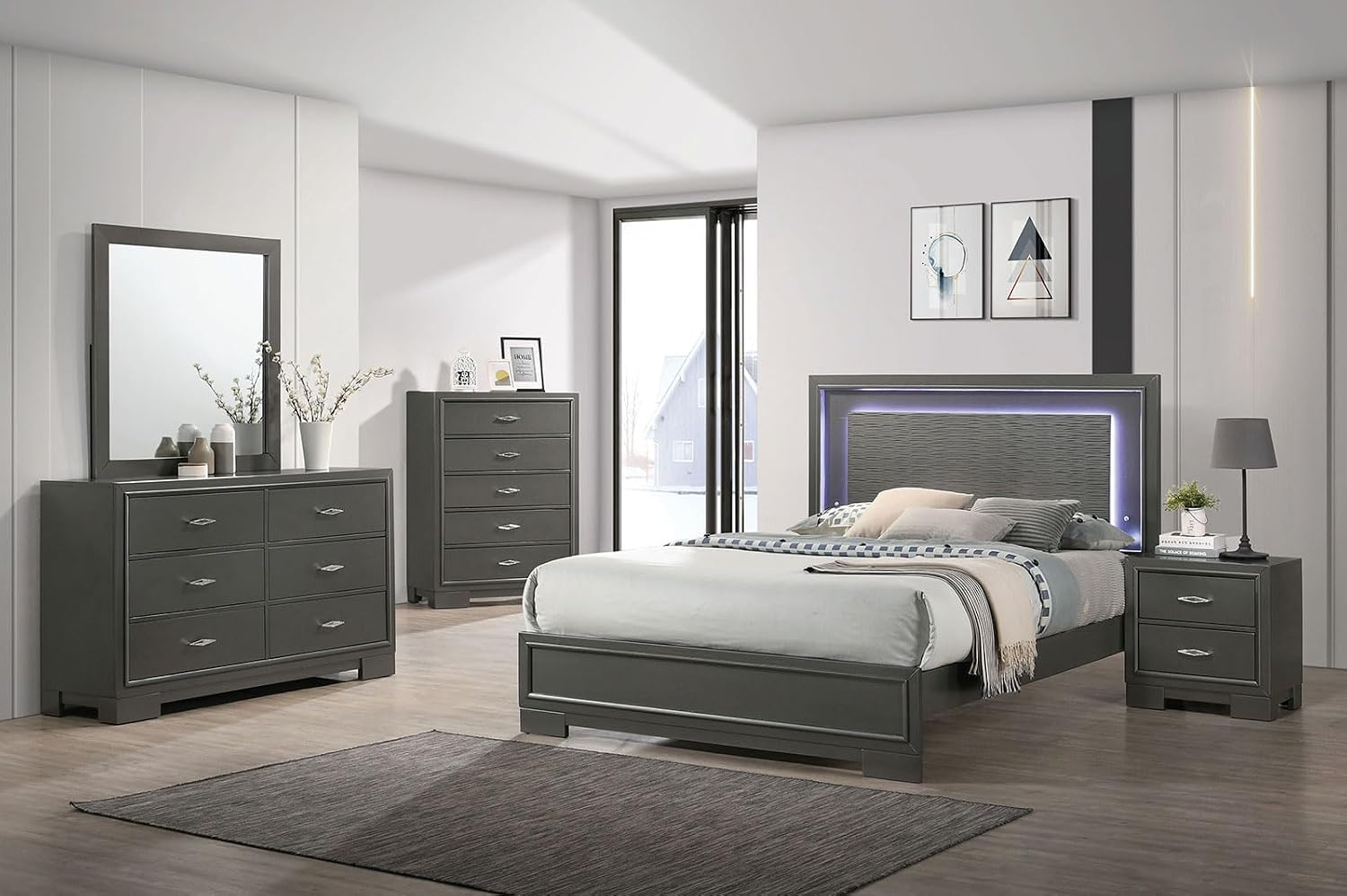 MASARA Contemporary 3-Piece Bedroom Set with Textured Headboard Panel, Platform Bed paired with Two Nightstands, Metallic Gray, (King (U.S. Standard))