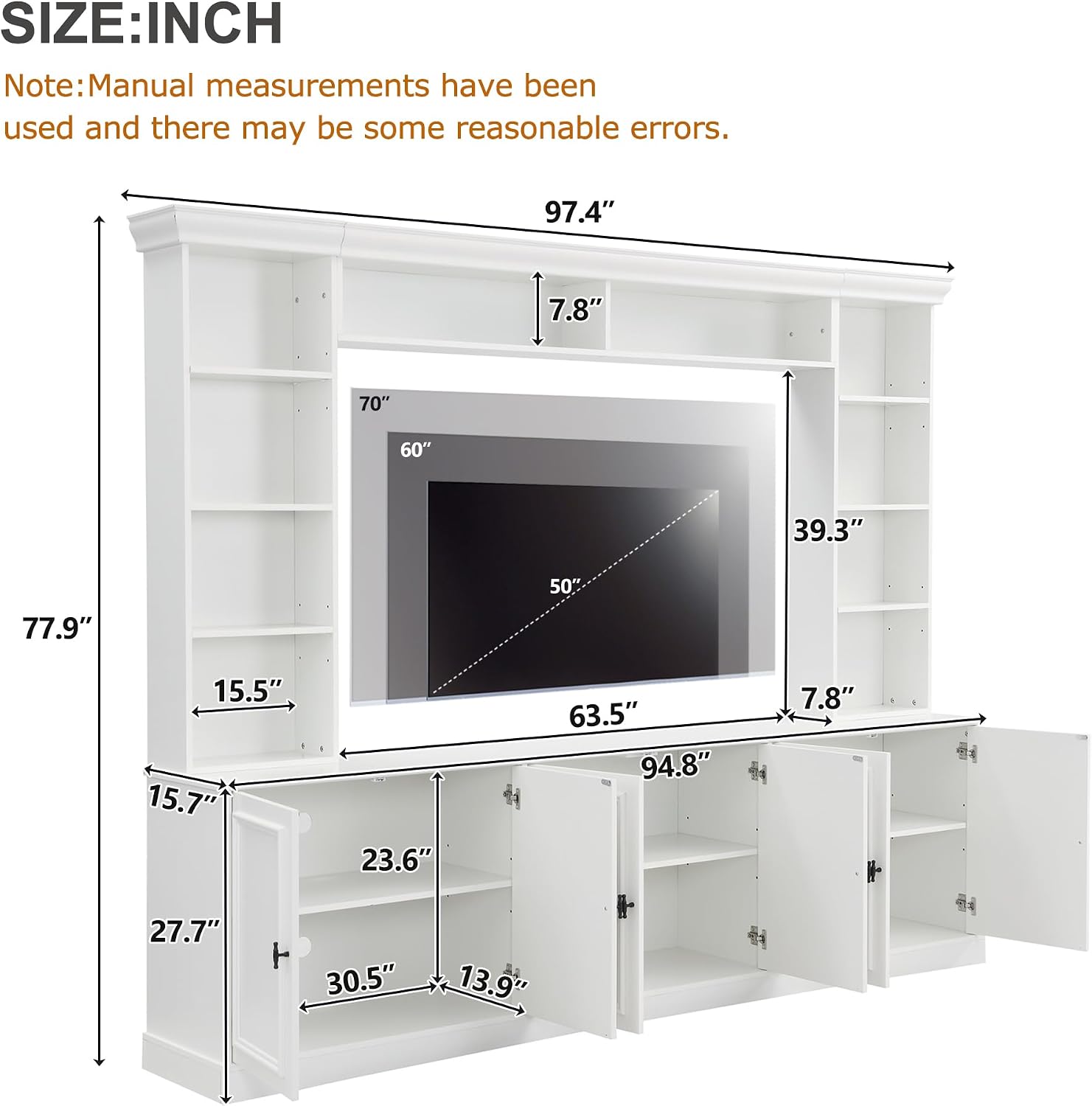 97.4' Entertainment Center Wall Unit with Bookshelves, 4-Piece Modern TV Stand for TVs up to 70' with 6 Doors & Adjustable Shelves for Living Room, White