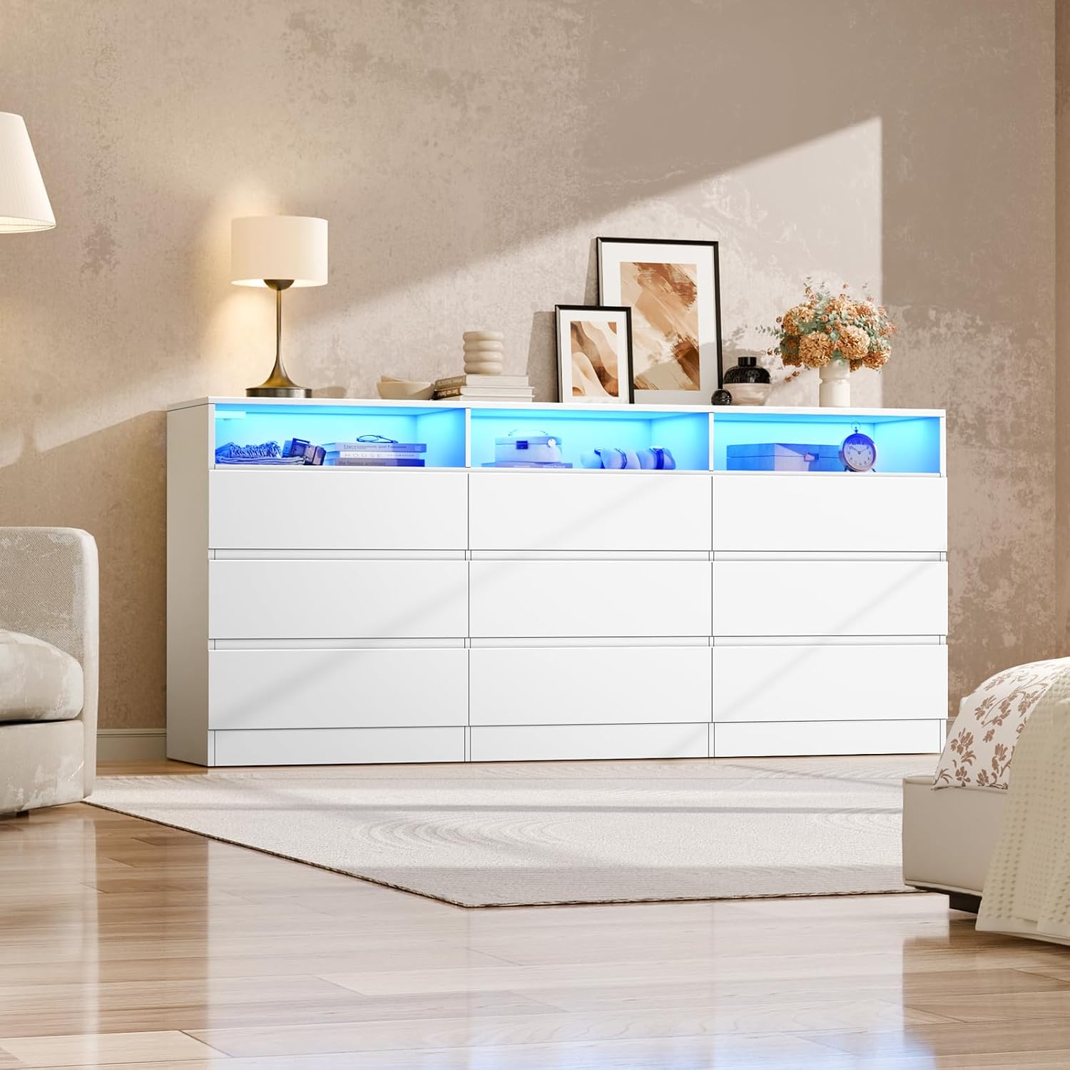 STIKELY 9 Drawer Dresser for Bedroom with Power Outlet and LED Light, Black Dresser Chest of Drawers for Closet, Modern Dressers Organizer Cabinet for Living Room, Entryway, Hallway (White)