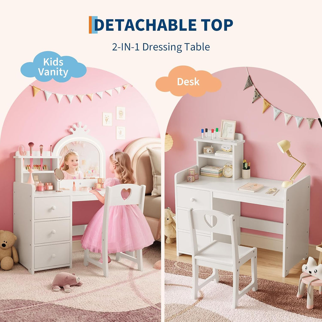 Garvee Kids Vanity with Lights, 2 in-1 Wooden Toddler Vanity Table with Stool & Drawer,Princess Pretend Play Makeup Vanity Princess Makeup Desk Dressing Table for Little Girls,Christmas Birthday Gift