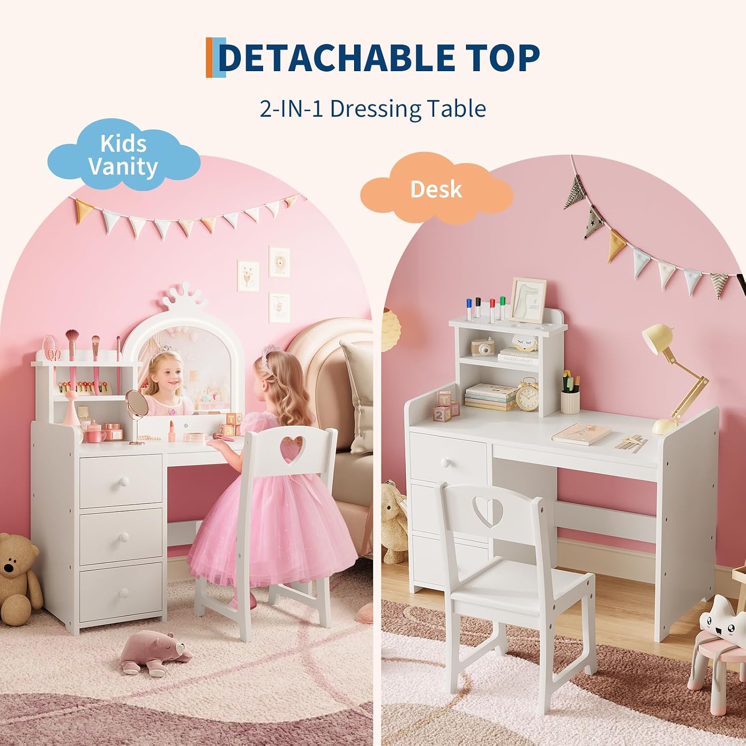 Garvee Kids Vanity with Lights, 2 in-1 Wooden Toddler Vanity Table with Stool & Drawer,Princess Pretend Play Makeup Vanity Princess Makeup Desk Dressing Table for Little Girls,Christmas Birthday Gift