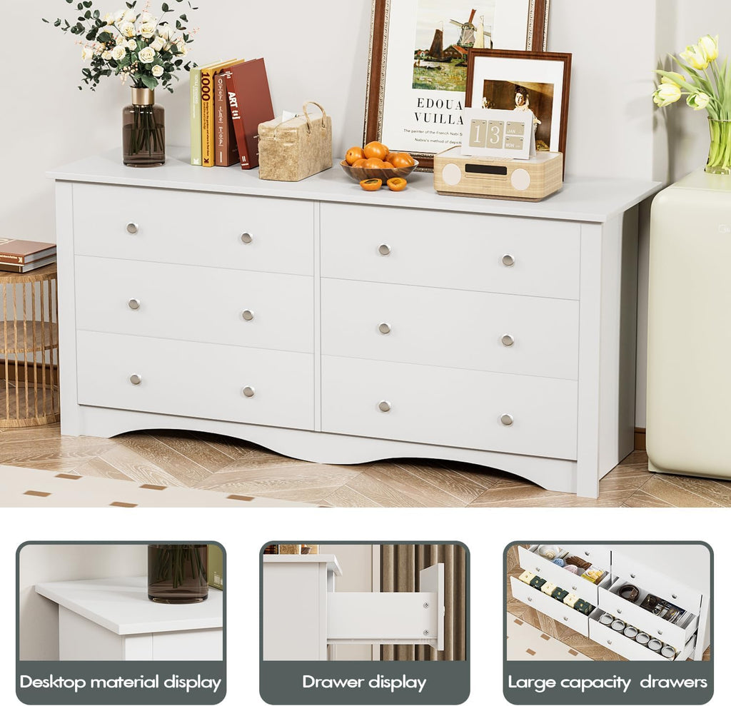 YESHOMY Dresser for Bedroom with 6 Drawer, Wood Wide Chest Storage Organizer and TV Stand for Living Room, Hallway, Dormitory, White