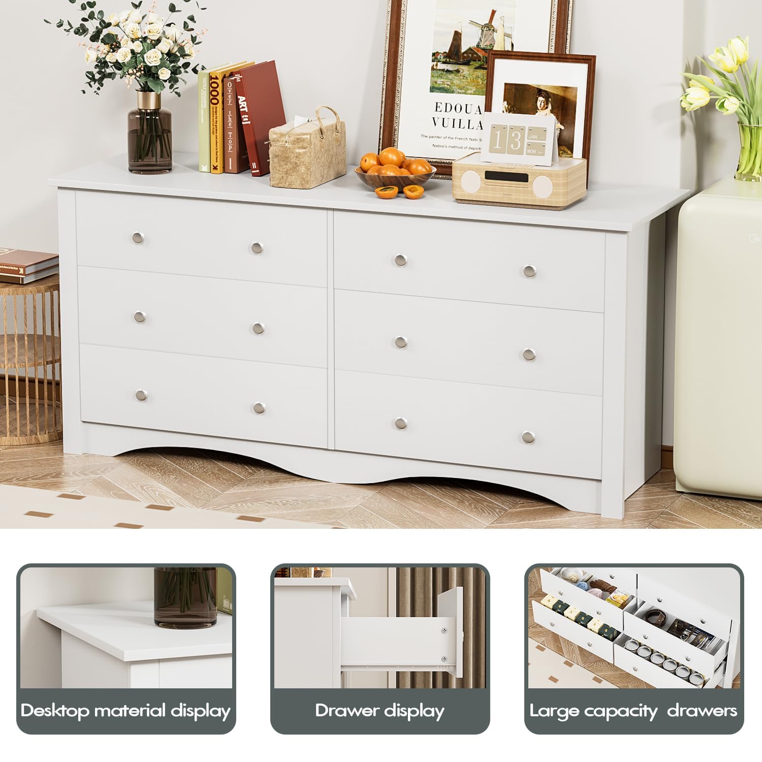 YESHOMY White Wood Dresser with 6 Drawer, 47.2'' Cabinets Dressers Wood Dresser Cabinet, Organizer Drawers for Bedroom, Living, Hallway